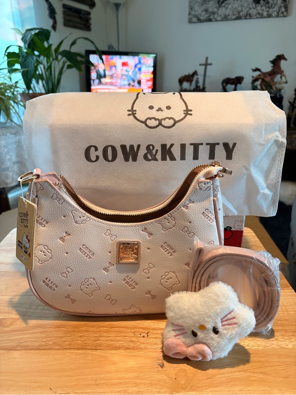 Pink Crossbody Bag with Plush Charm